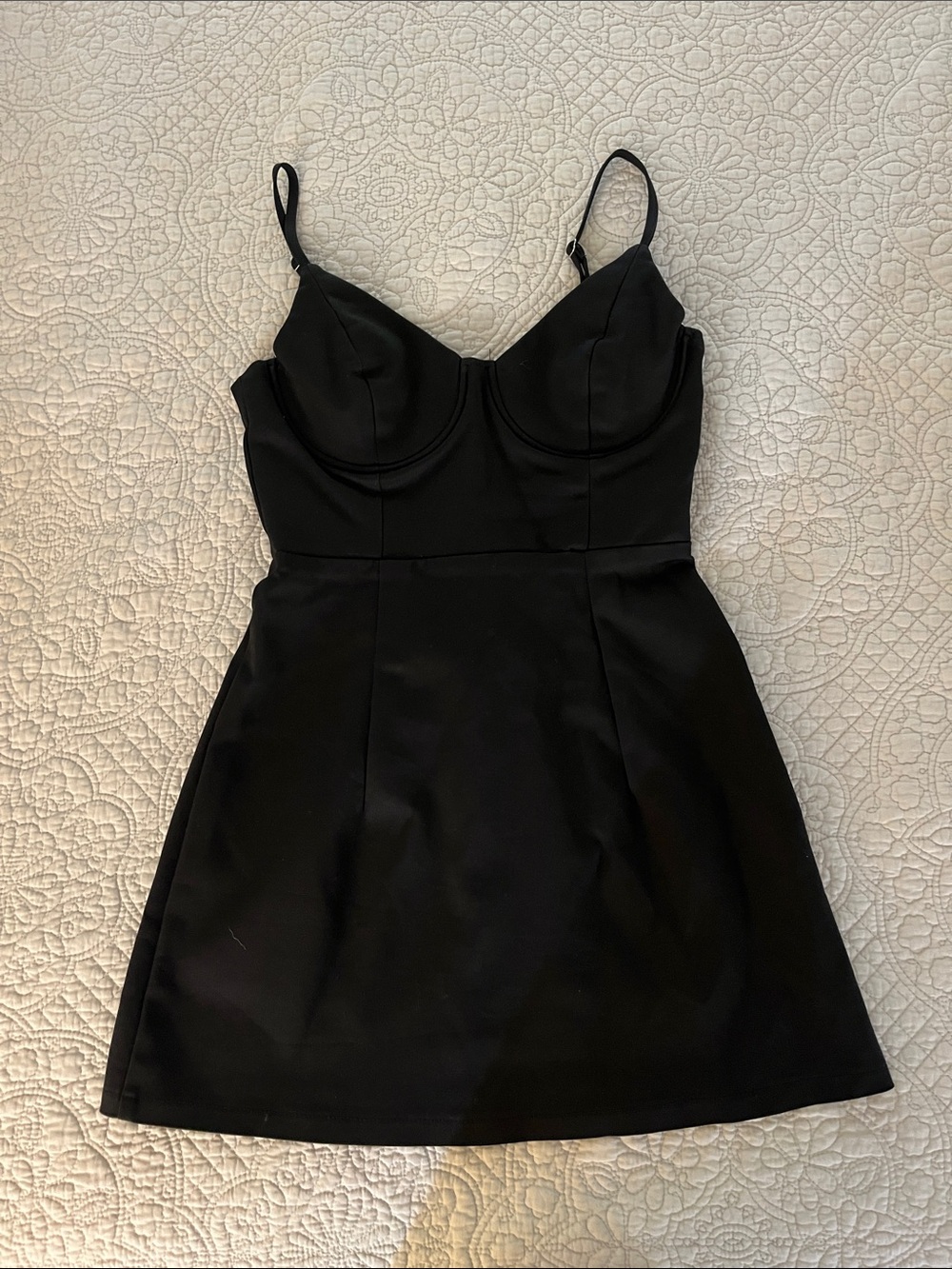 Polly- Black Spaghetti-Strap Mini Dress with Defined Bust (Size 8)
